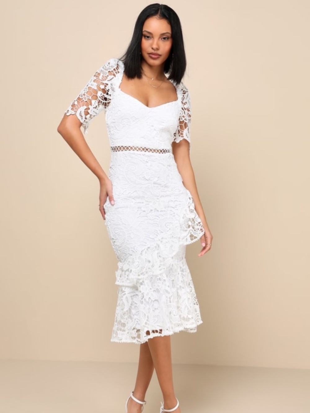Lulu's White Lace Sweetheart Midi Dress with Ruffle Detail